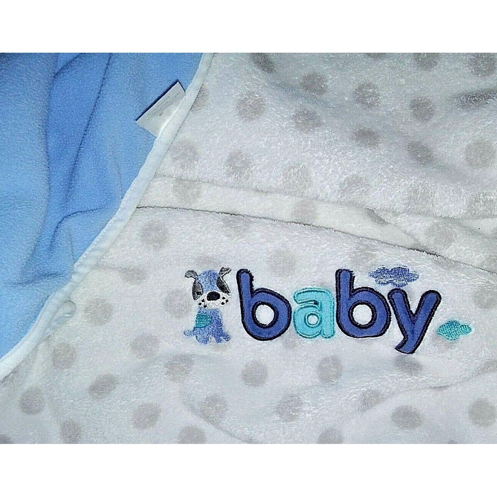 JUST BORN Baby Boy Puppy Dog White Grey Polka Dot Blanket Blue Fleece Clouds EUC